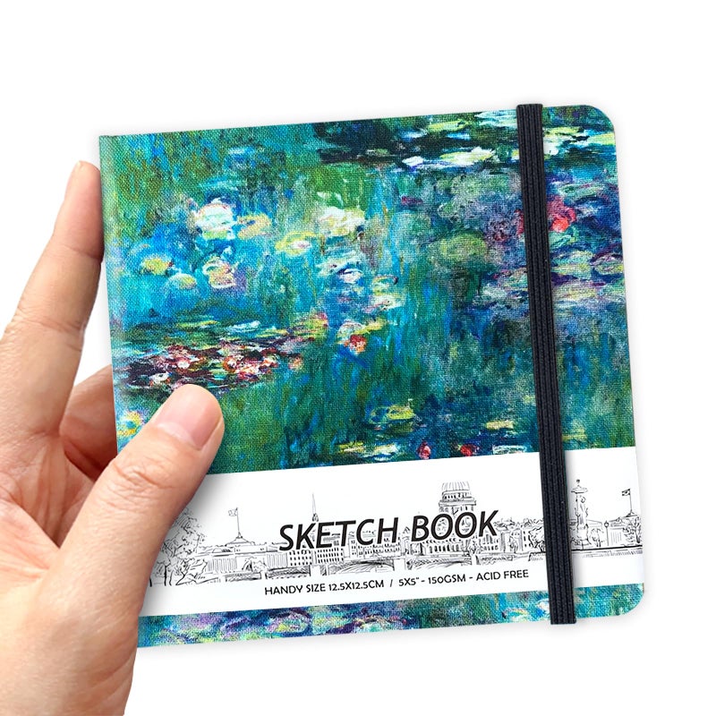 Qianshan 5"" x 5"" Square Handy Pocket Hardcover Cloth Cover Sketchbook,58 Sheets 150 GSM Beige Dowling Paper, Acid Free Art Sketch Book Artistic Drawing Painting Writing Paper for Artists.Oil Painting Pond - Image 1